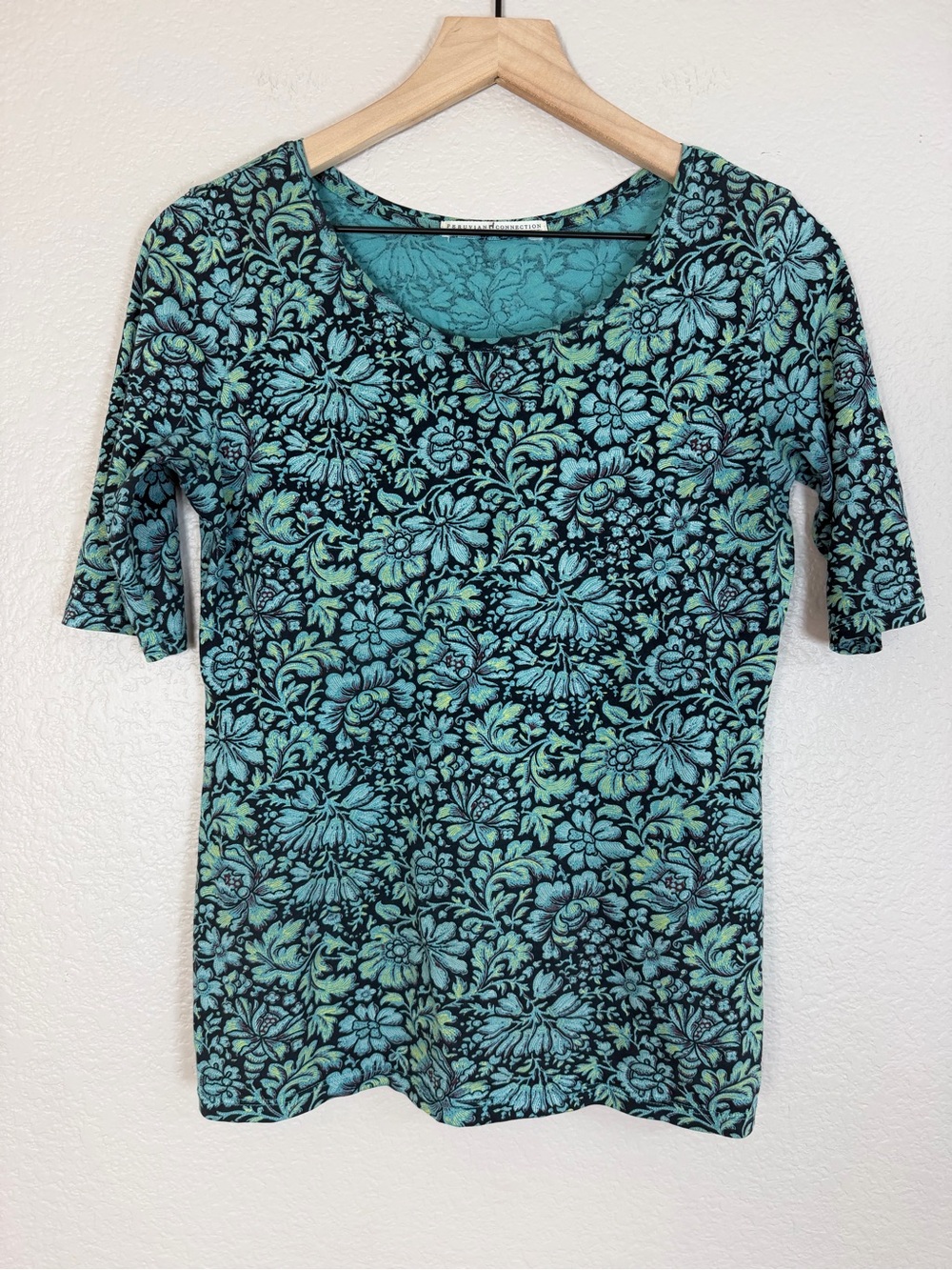 Peruvian Connection Teal Navy Blue Floral Pima Cotton Short Sleeve Blouse XS